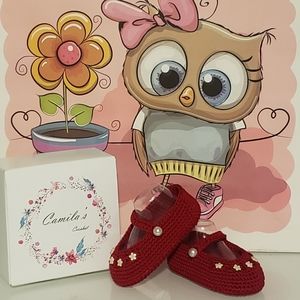 Handmade red mary janes with embroidery
